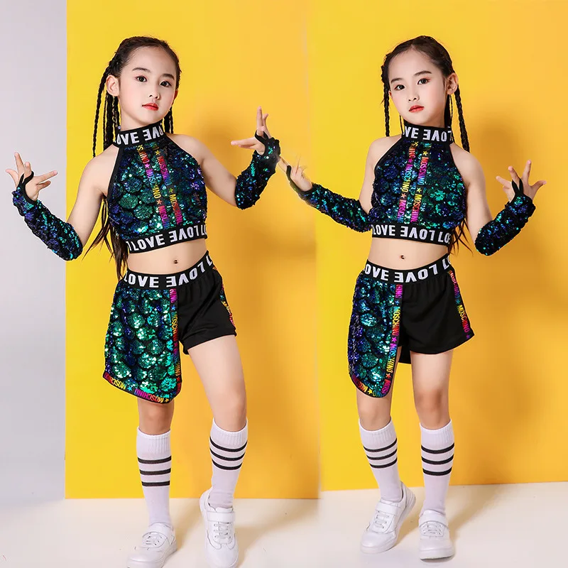 Disfraz Hipster Cool para niña, traje de baile de Jazz con lentejuelas, conjunto de animación Hip Hop para niños