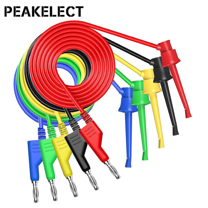 

Peakelect P1045 5PCS Test Hook Clip To 4mm Stackable Banana Plug Test Leads Heavy Duty Multimeter Test Cables Copper Plug 100cm