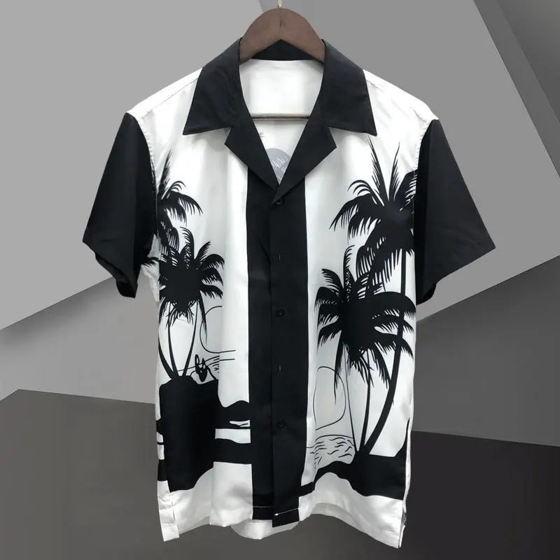 

2023 Black White Contrasting Coconut Palm Graphic Print Hawaii Short Sleeve Shirt Men Lapel Man Shirt Homme Camisetas Hombre