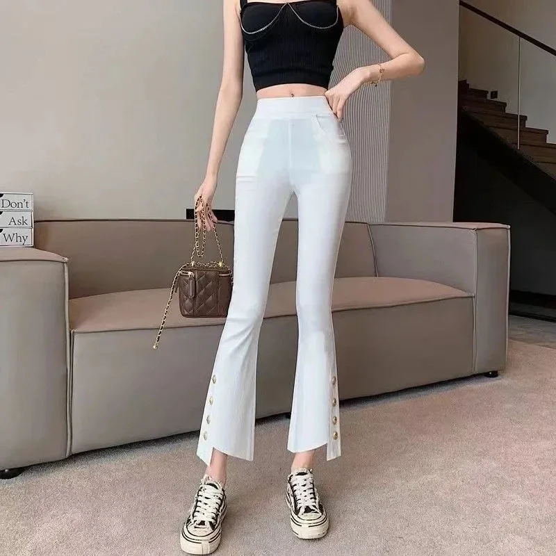 Office Lady Fashion Versatile White Slim Flare Pants Korean Autumn New Women High Waist Irregular Split Casual Elegant Trousers