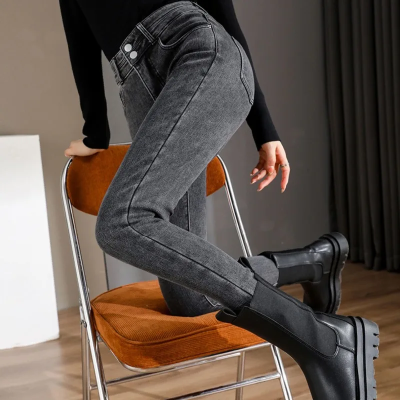 

Джинсы скинни для женщин плюс бархатные теплые нежные корейские модные Harajuku более толстые джинсы с высокой талией Y2k Элегантные джинсы Ulzzang Стильный шик