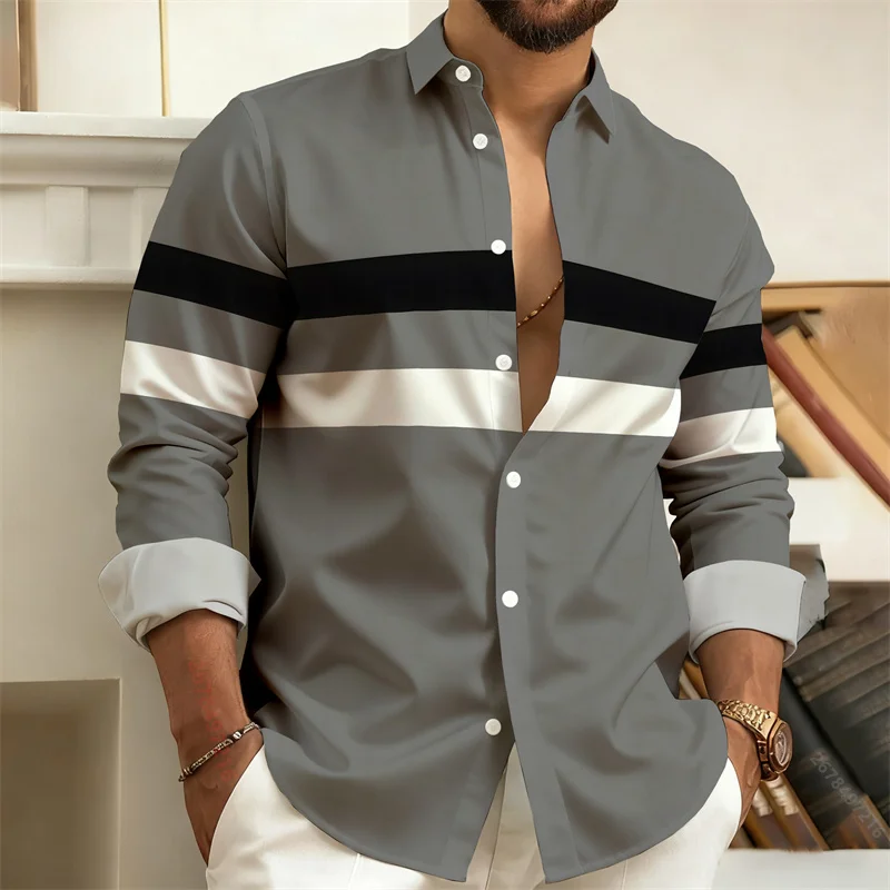 New Men's Color-Block Striped Long-Sleeved Shirt, Simple Business Casual Shirt, Outdoor Street Style Men's Trendy Fashion Top.