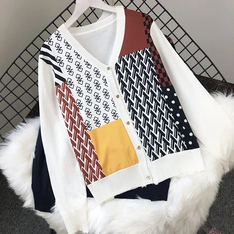 

Vintage Women Print Patchwork Knitted Cardigans Lady Elephant Print Sweaters Female Printed Cardigans