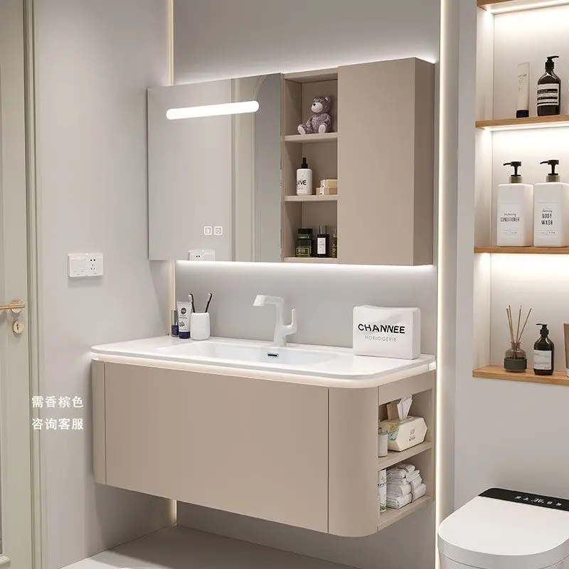 Matte White Nordic Bathroom Vanity, Ceramic Integrated Basin with Large Drawer, Side Storage Hand Wash Cabinet for Home