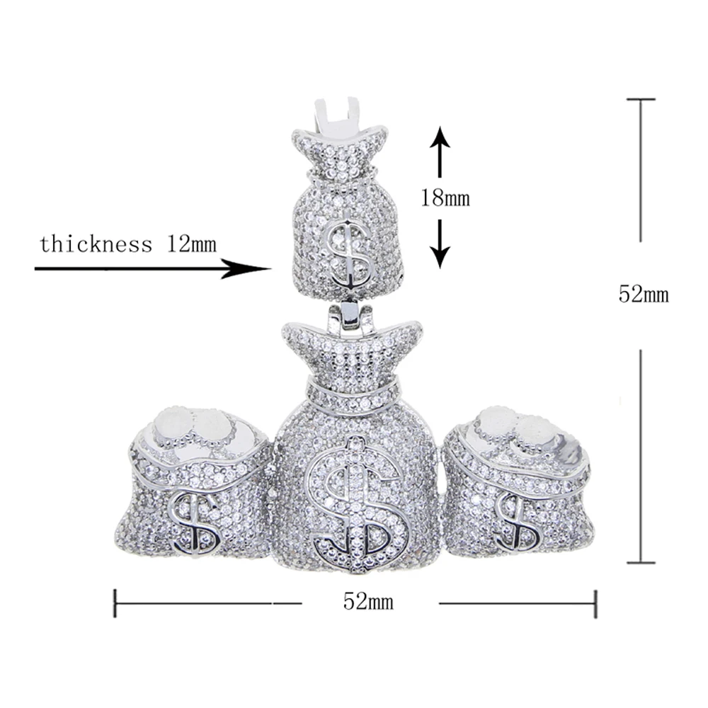 New Iced Out Bling Money Bag Pendant Necklace 5A Zircon Lettrts Rich dollar symbol Charm Men's Women Hip Hop Jewelry