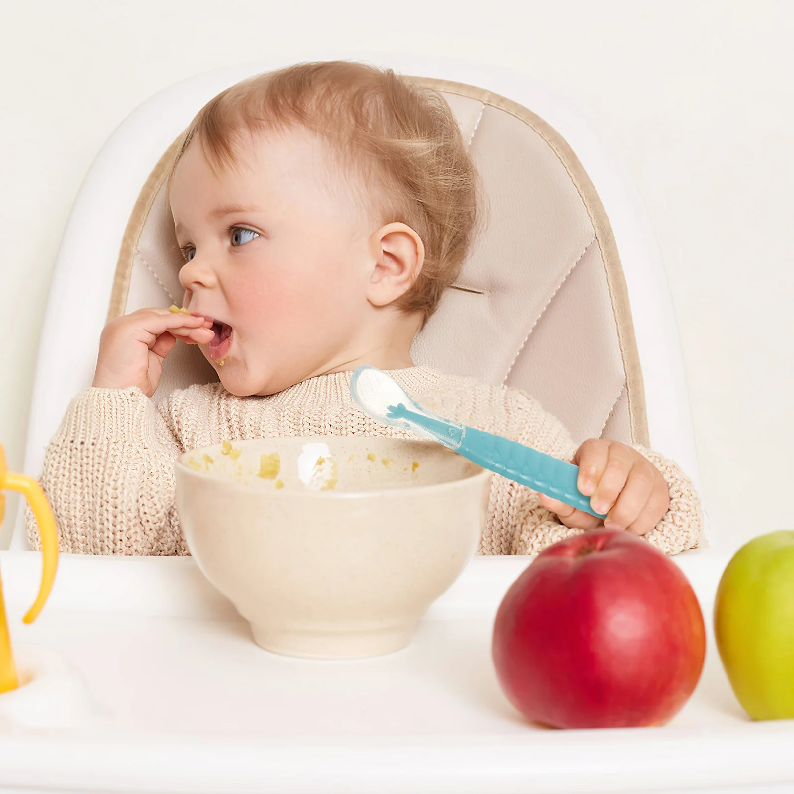 

Силиконовая детская ложка для кормления с двойной головкой, скребок для еды с мягким наконечником, синий детский инструмент для кормления фруктов, мясорубка, дорожная ложка