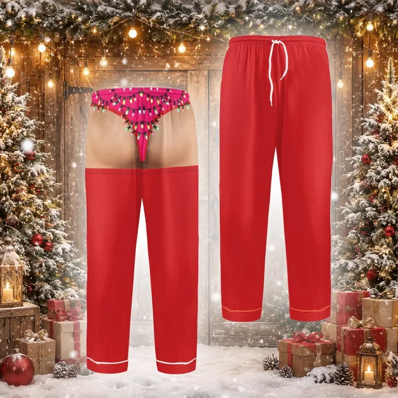 Red Christmas Fun and Humorous Fake Buttocks Pink Thong with Christmas Light Bulb Pattern Funny Party Prank Gift Casual Pants