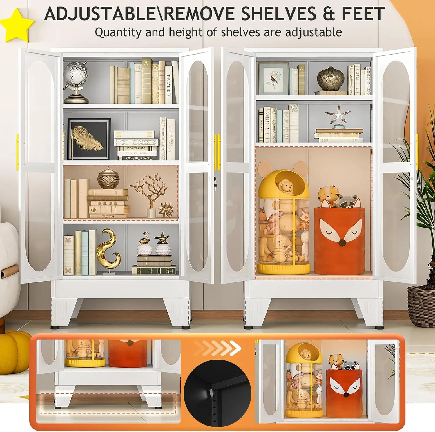 47" Tall Metal Curio Cabinet with Glass Door, 4-Tier Adjustable Shelves, Locking Display Case for Collectibles, White view 6