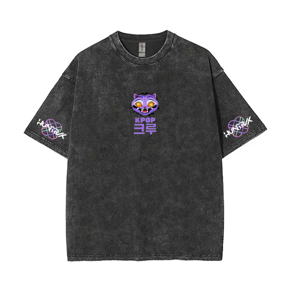 

Washed Vintage Kpop Demon Hunters Derpy Tiger T-shirts Men Women Fashion Cartoon Trend Street Crewneck T Shirt Oversized Tshirt