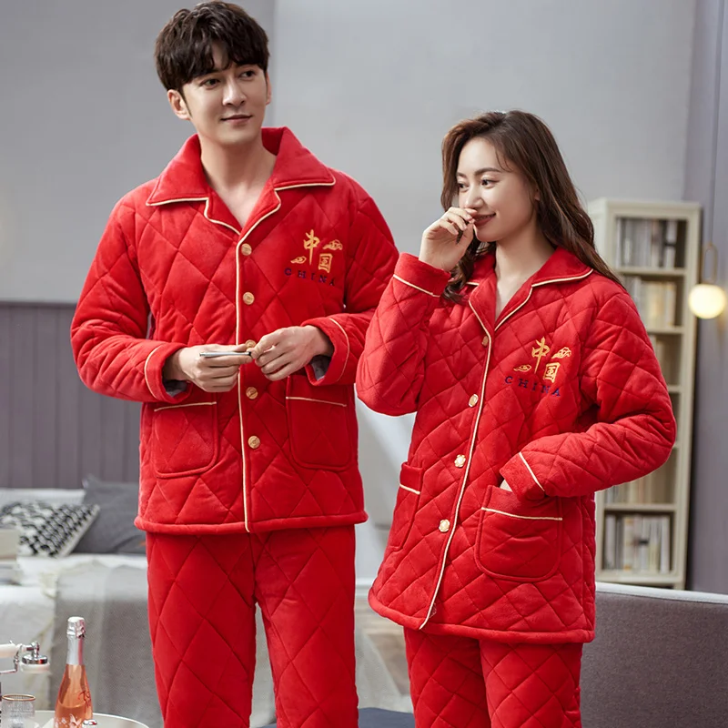

Коралловые бархатные стеганые пижамы для пар, 3-слойная утепленная теплая зимняя стеганая куртка, мужские пижамы, красные пижамы de hombre inverno