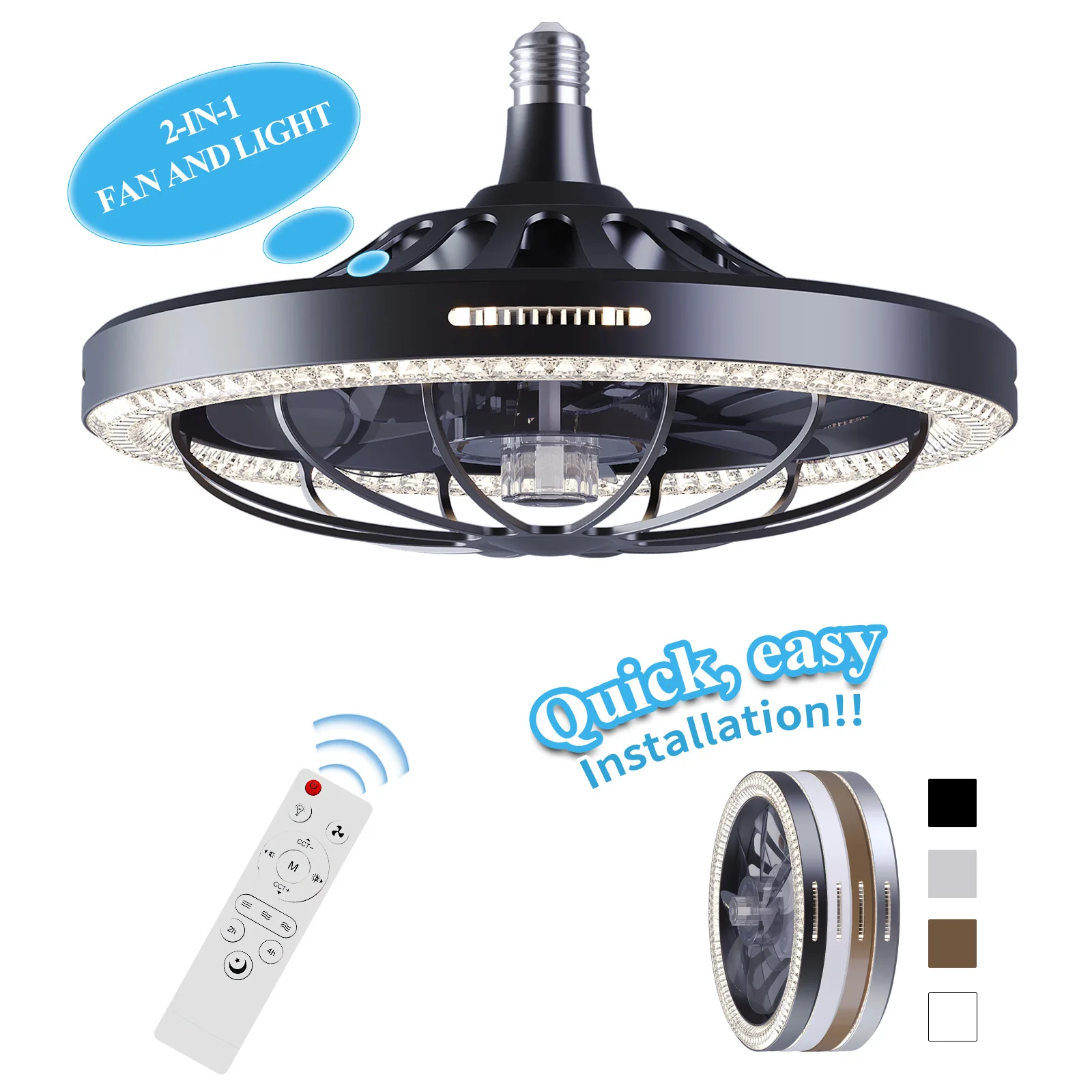 2-in-1 Modern Ceiling Fans with Lights and Remote, Dimmable Socket Ceiling Fan, 3-Color Temperature Change Fan Light for Bedroo