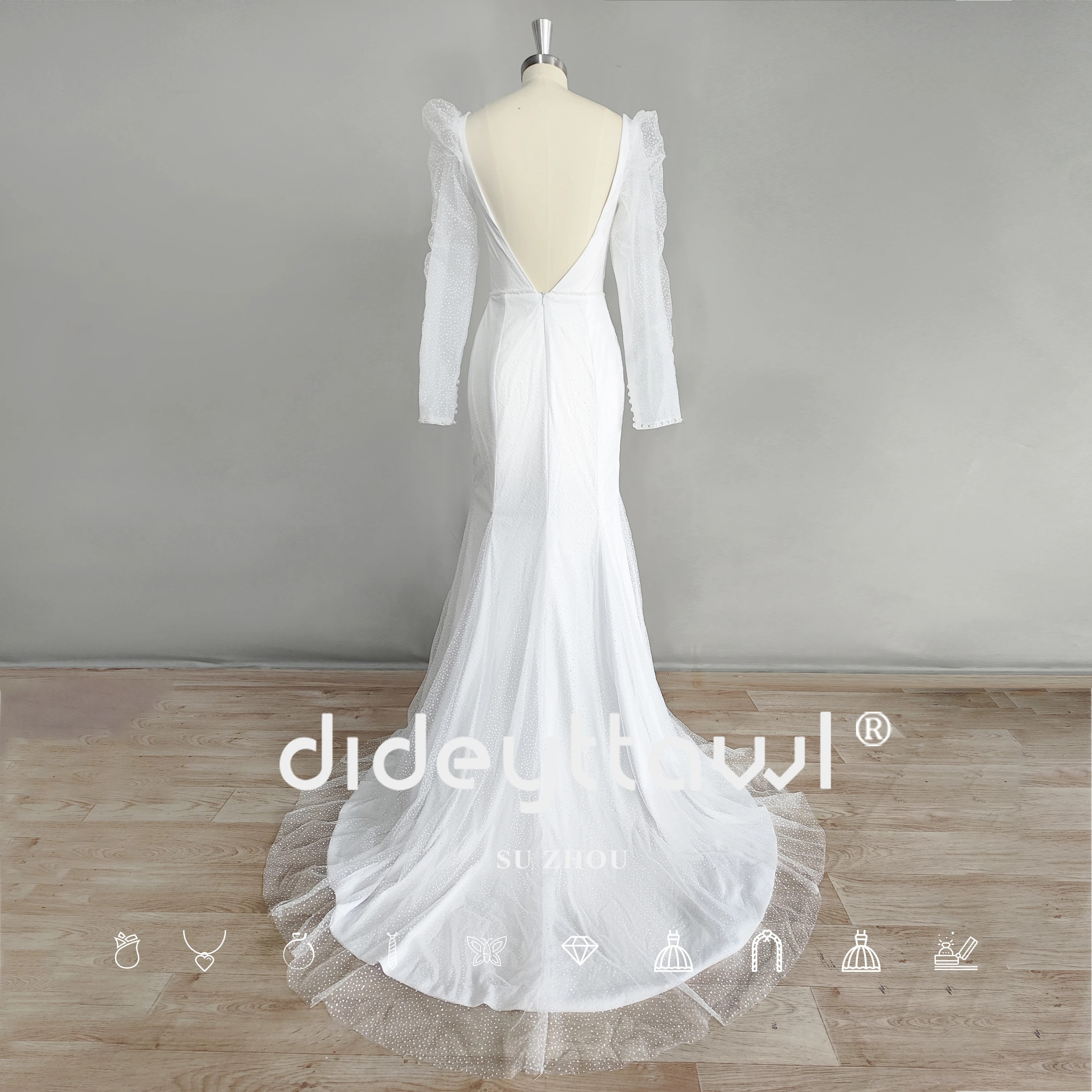 Muslimah maniche lunghe a sbuffo scollo a V profondo abito da sposa a sirena Spot Tulle Backless perline abito da sposa immagine reale