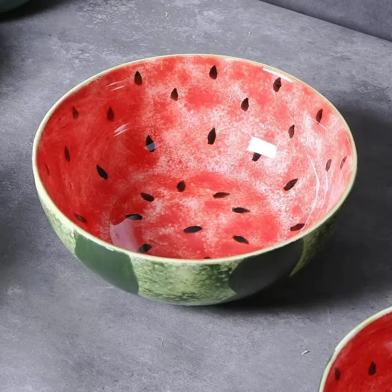 Creative Round Ceramic Bowl Watermelon Underglaze Color Bowl Hand-painted Watermelon Noodle Soup Bowl Kitchen Supplies Tableware