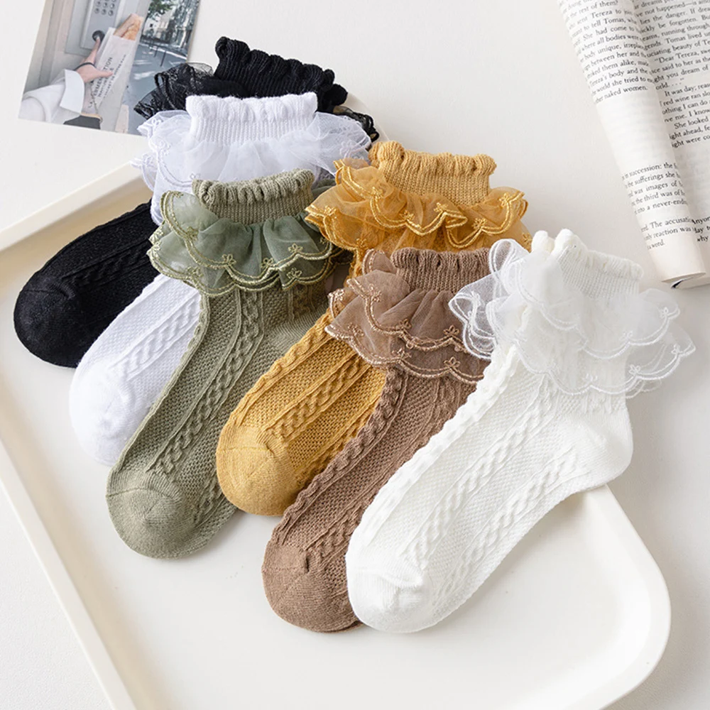 

Woman Socks Solid Black White Lacework Ruffle Socks Summer Thin Japanese Style Sweet Girls Cute Short Thin Soft Mesh Socks