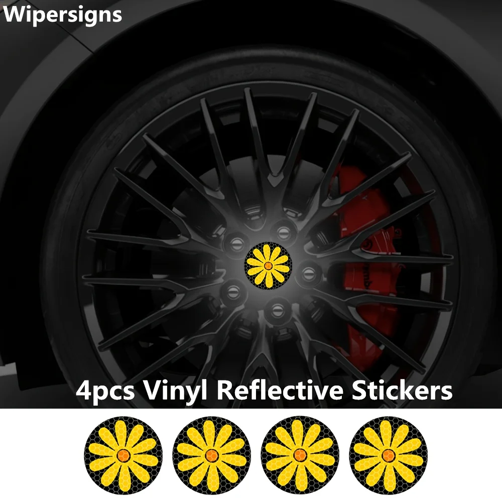 4Pcs Cute Daisy Wheel Reflective Stickers, Car Hub Decor Night Safety Warning Self-Adhesive Vinyl Decals