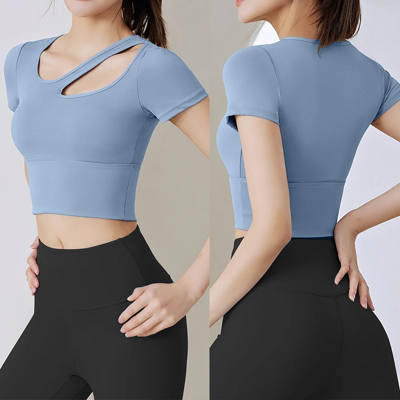 Aiithuug Yoga Crop Top Build-in Cup Yoga Short Sleeve Workout Tops Sexy Clavicle Jogging Bra Top Gym Crops Elastic Fitness