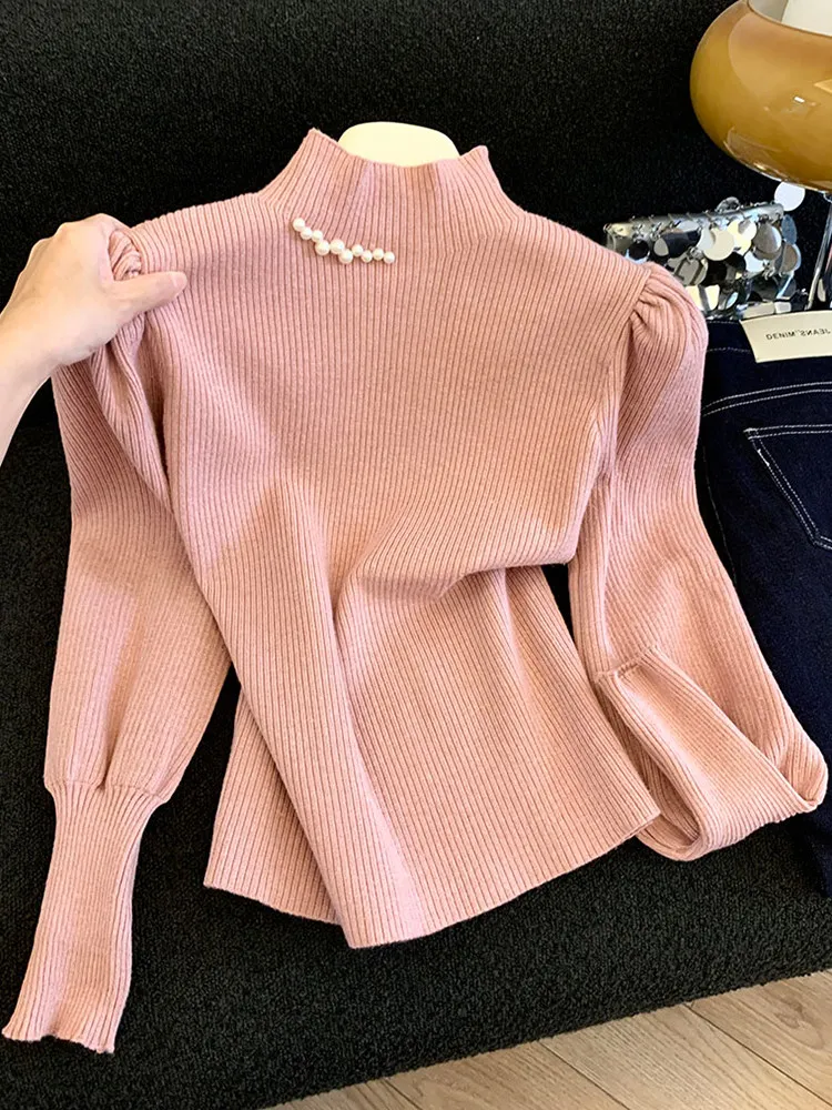 

2026 весенние мягкие стильные пуловеры, свитер с жемчугом-стойкой для женщин, осенне-зимний топ, уменьшающая возраст вязаная верхняя одежда, базовый свитер