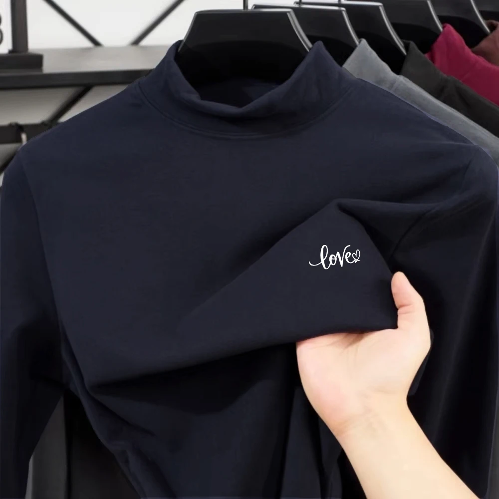 

Creative Letter Love Prints T-Shirts Women Winter Fleece Tops Slim Fit Warm Half Turtleneck Bottoming Shirt Casual Woman Clothes