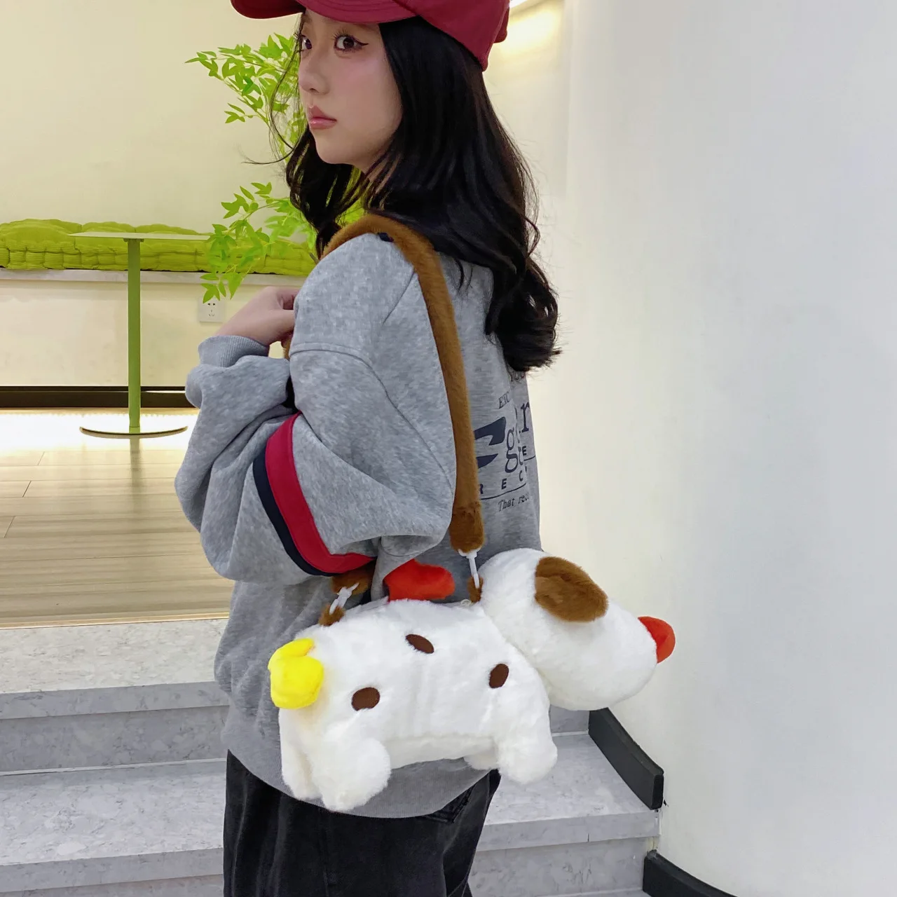 Funny Plush Dog Shoulder Bag Zipper Crossbody Purse For Women Fashion Handbags Cartoon Puppy Shape Plush Bag  Girl Birthday Gift