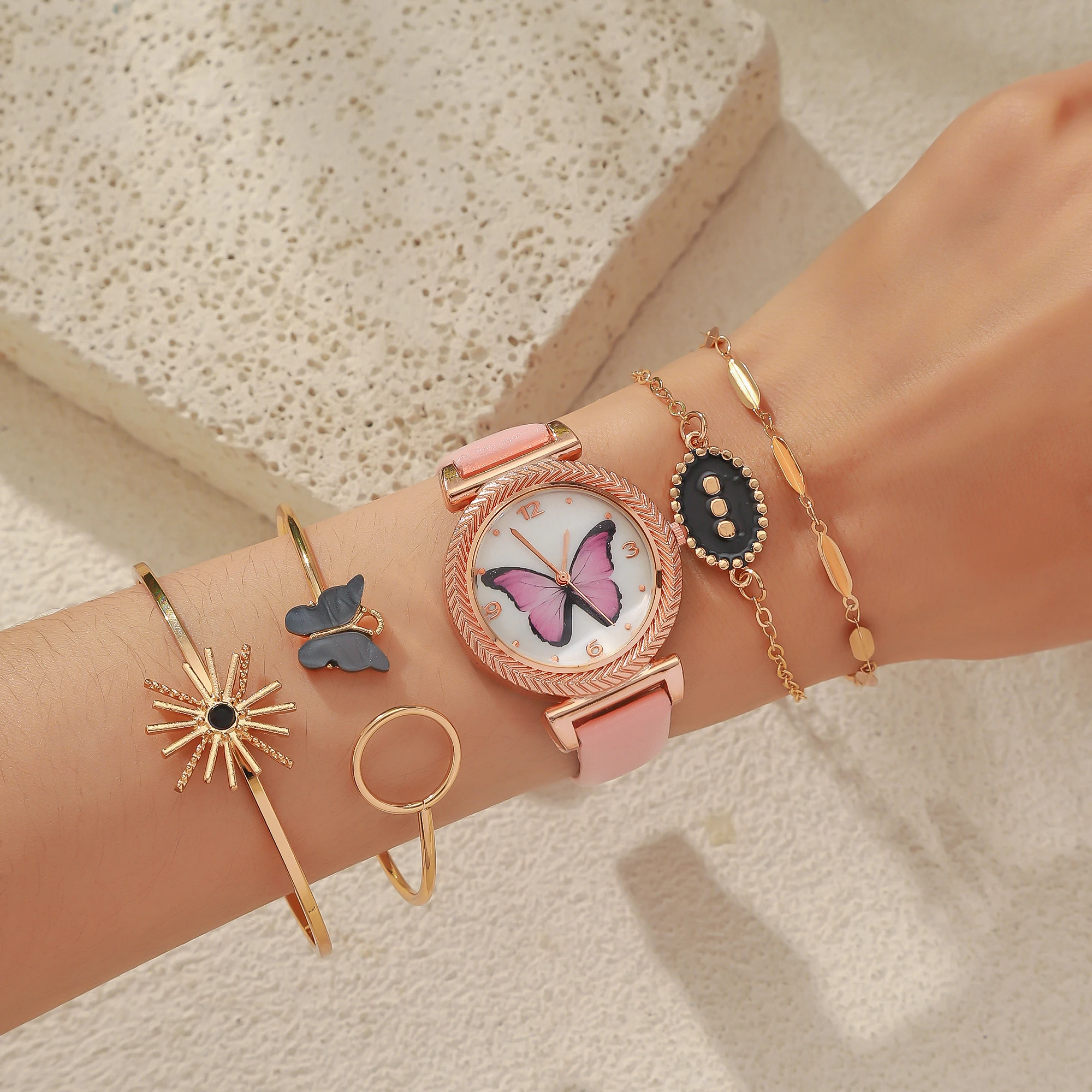 

5 шт./компл. свежий стиль для девочек, розовый круглый стиль, бабочка, кожа лица, набор браслетов из бисера, подходит для подарка на день рождения