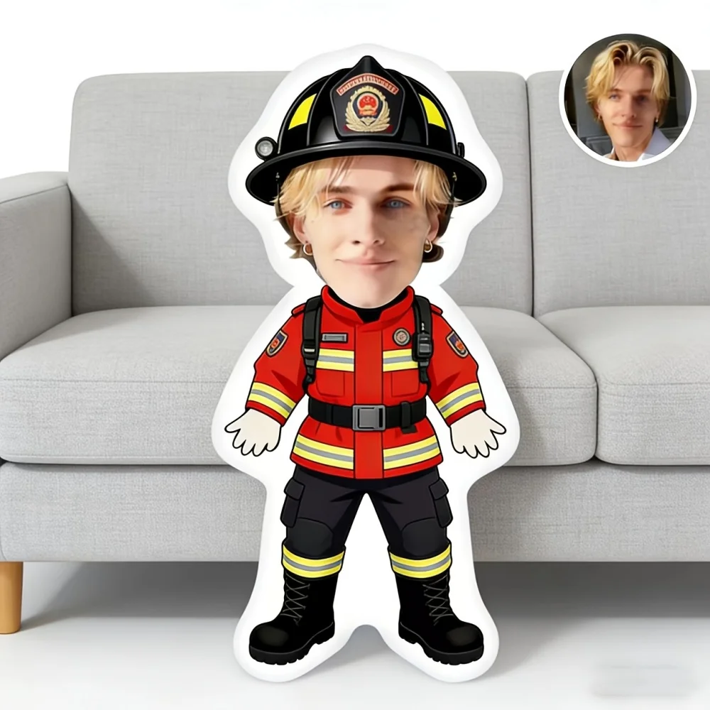 1Pc Personalized Custom Face Photo Fun firefighter Throw Pillow, Double-Sided Design,Soft Plush Cushion with Insert,Perfect Gift