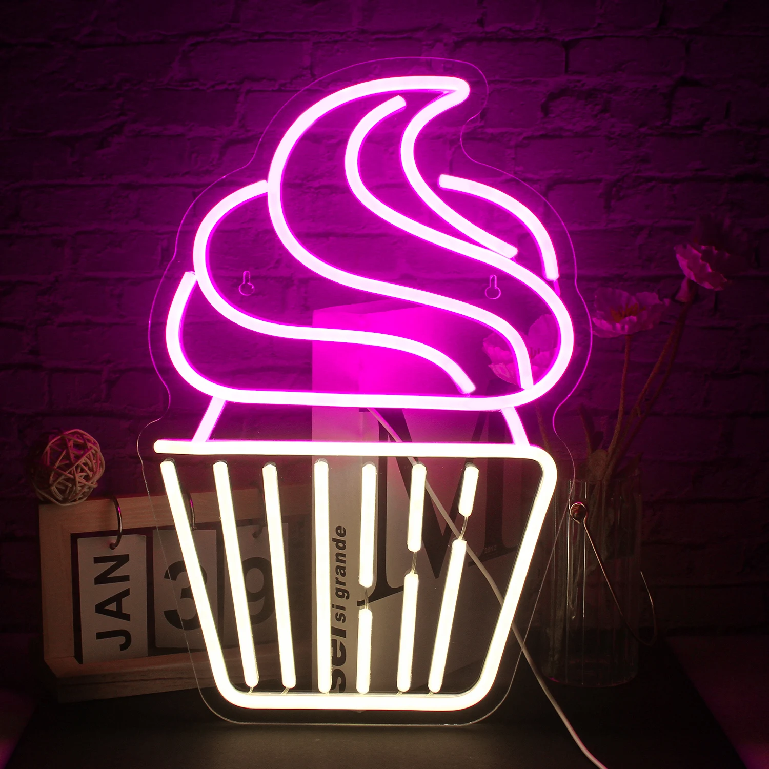 Big Ice Cream Neon Sign Luzes LED, Logo Sobremesa Aberta para Cafe Shop, Bares para Casa, Festa Festival, Decoração do quarto pendurado, Lâmpada de parede USB