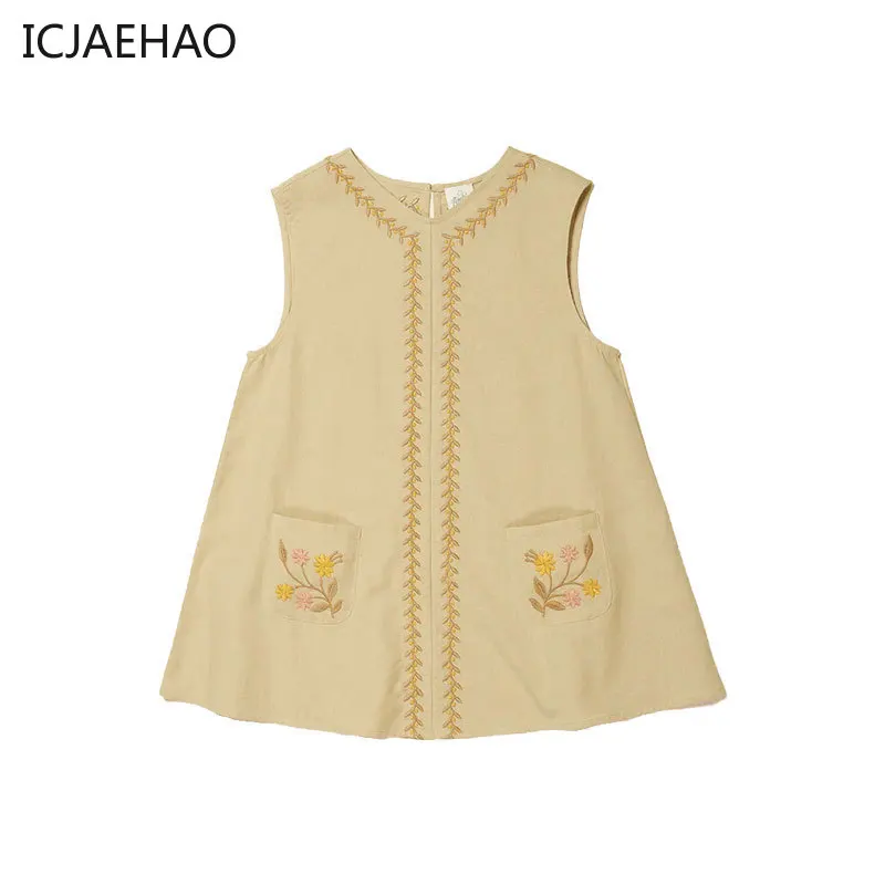 

ICJAEHAO 2024 New Sleeveless Vest Girl Dress Flower Embroidery Wheat Strip Dresses for Girl Clothes Children Clothing Baby Girls