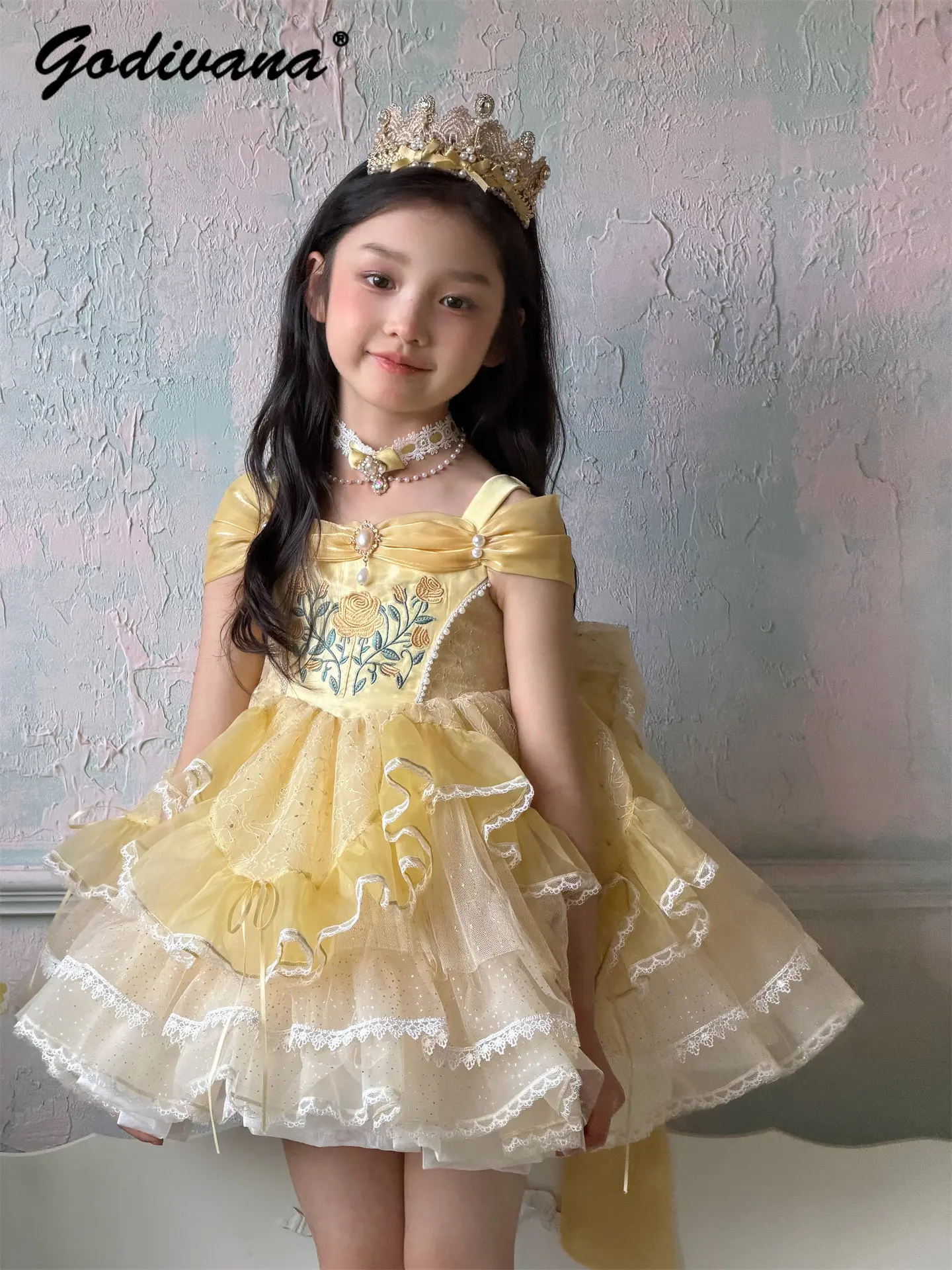 Sweet Baby Girls Lolita Princess Tutu Dress 2026 New Summer Floral Embroidery Tulle Lace Bow Train Cake Birthday Party Ball Gown