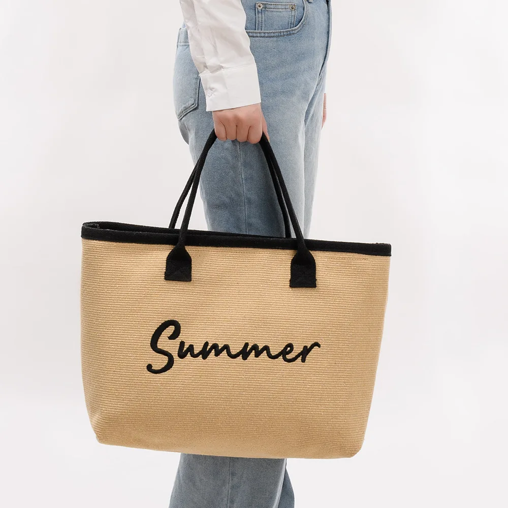 

New Woven Bags Embroidered Summer Letters Design Totebag Cross-border Large Capacity Handheld Beach Vacation Zipper Women's Bag