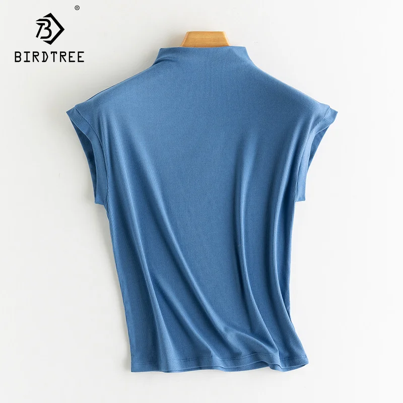 BirdTree-Elegant Knit T-Shirt For Women, 6%Natural Silk, Sleeveless, Mock Neck, Commute Office Lady Tops, Autumn Winter T40409QM