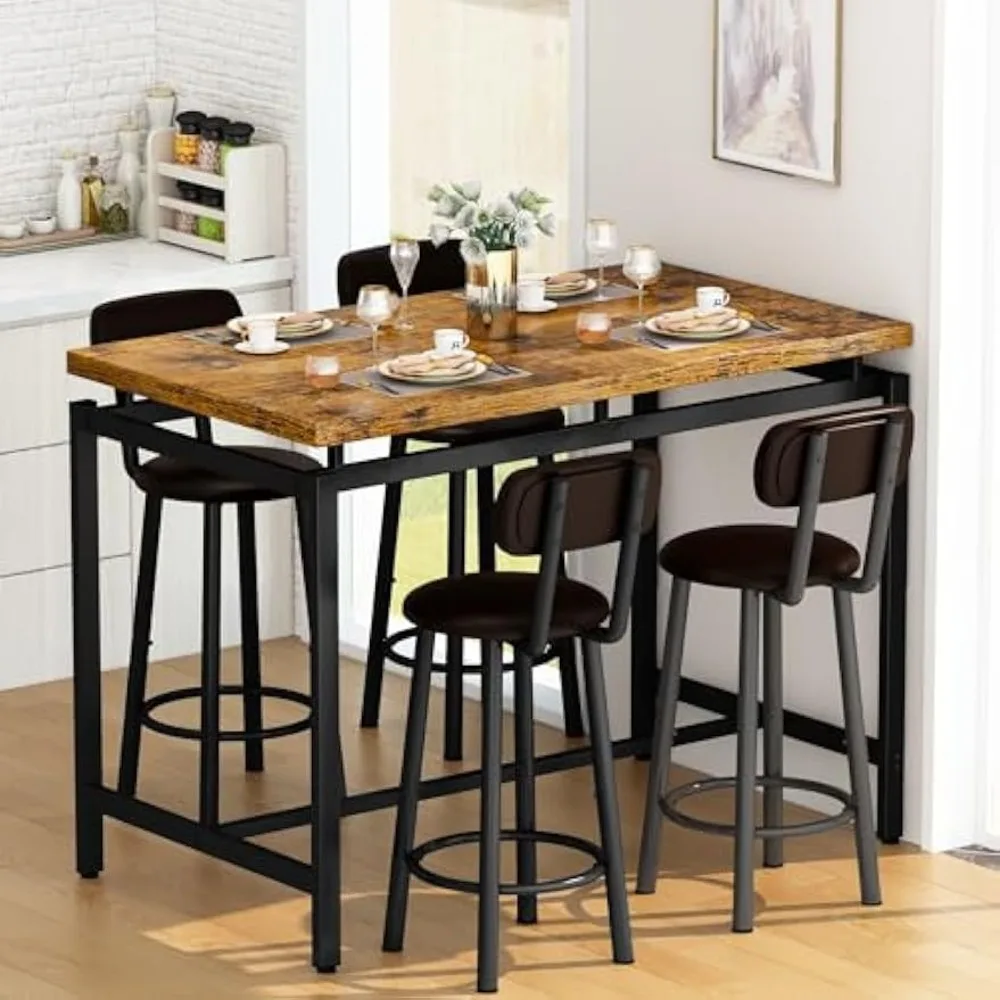 Dining Table Set for 4 Bar Kitchen Table and Chairs for 4, Counter Height Dinner Table with 4 PU Leather Upholstered Backrest