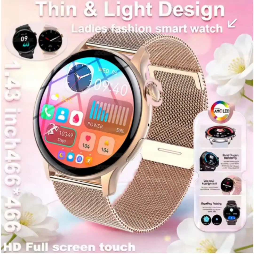 

2027 New True AMOLED Smart Watch Ladies Screen Always Show Time 466*466 HD Health Tracker Voice Calling NFC Smartwatch Women