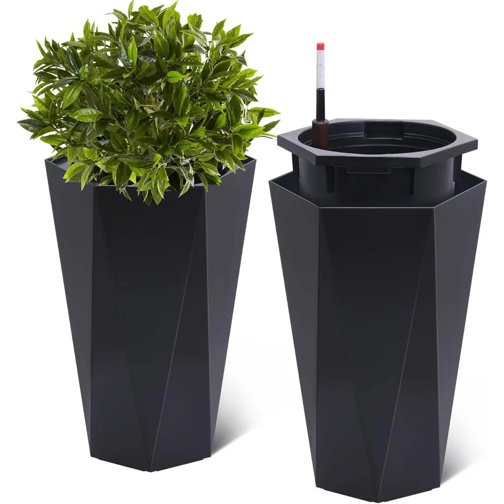 

22.4 Inch Tall Planters Set of 2, Large Flower Pot Outdoor and Indoor, with 2 Trays and a Water Level Monitor and Wheels for Pat