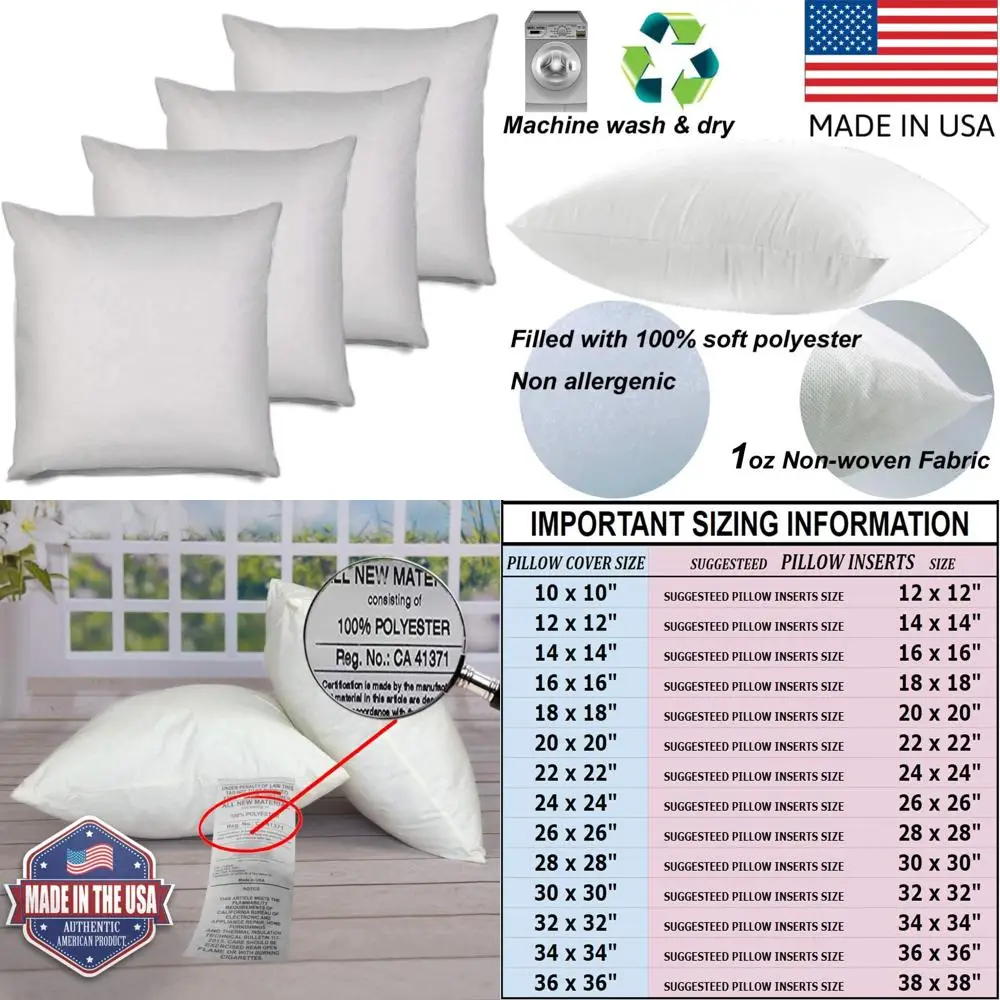 

Hypoallergenic 22x22 Square Euro Pillow Inserts Standard White Polyester Sham Stuffer Decorative Throw Pillows for Home Decor