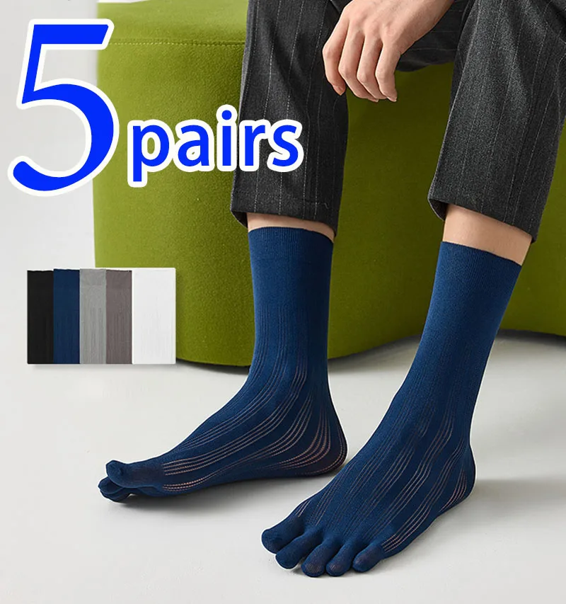 5Pairs Summer Man Silk Socks Middle Tube 5 Toe Socks Business Thin Nylon Striped Breathable Mesh Socks Split Toe Socks Formal