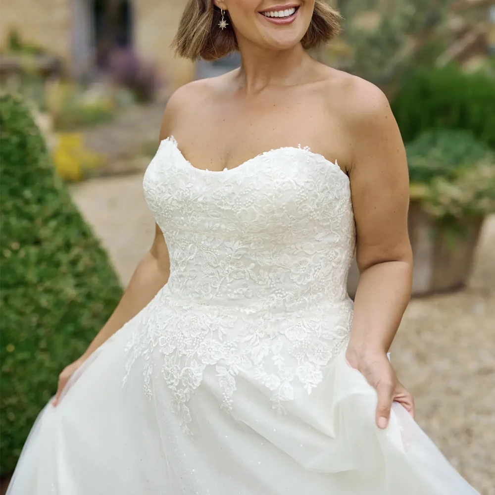 Sexy trägerlose Brautkleider mit U-Boot-Ausschnitt, Brautkleid, Applikation, Schnürung am Rücken, Abendkleider, maßgeschneidert, neue Vestidos de Novia