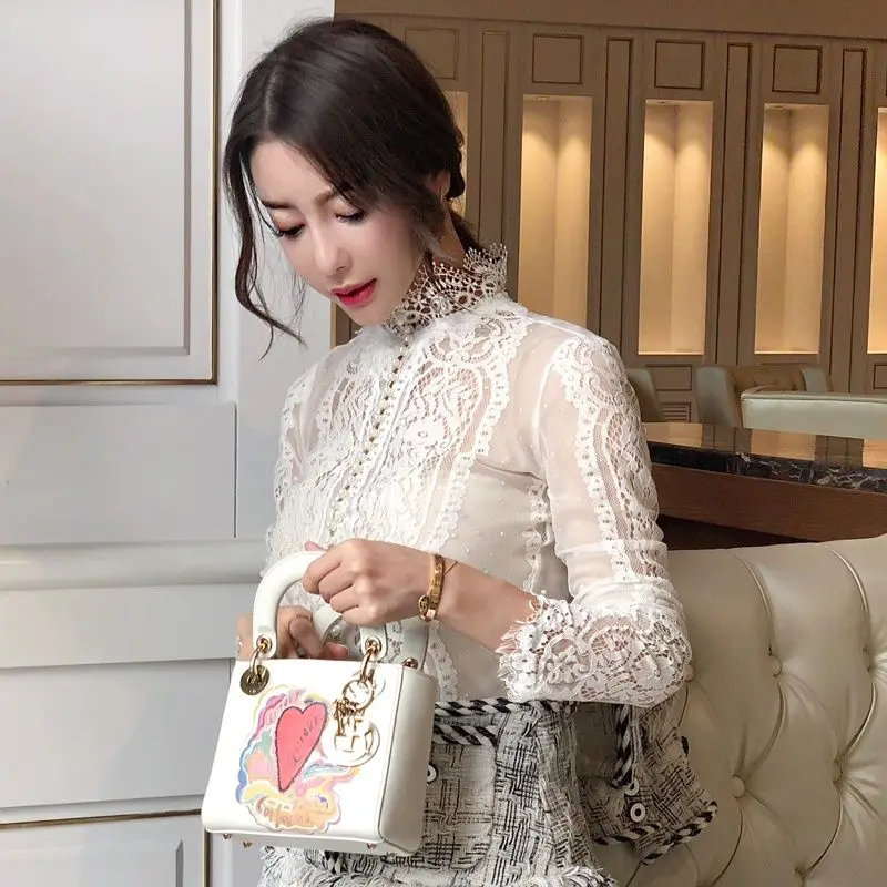 Sexy top for women 2024 new spring slimming lace pearl thin cardigan high neck base shirt  chemise femme  blusa victoriana