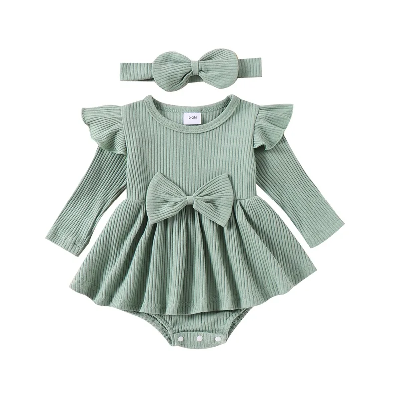 

Mubineo Baby Girl Cute Clothes Romper Dress Outfits Fall Winter Ruffle Long Sleeve Basic Plain Rib Knit Newborn Outfit