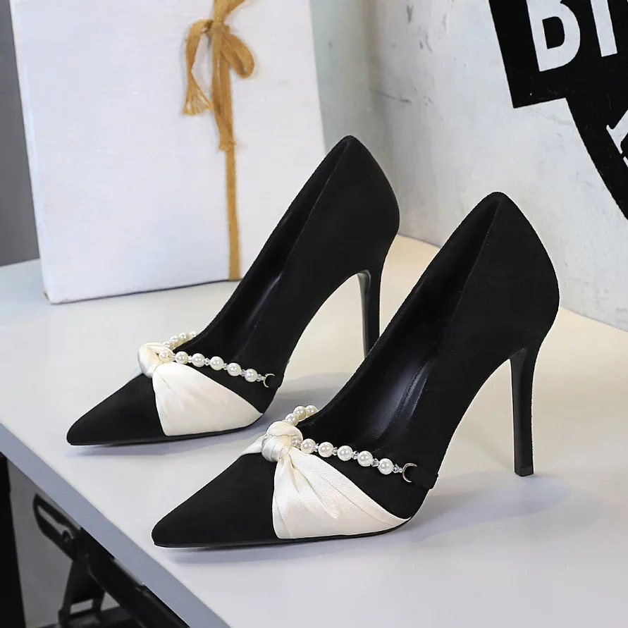 

Luxury Women Pumps Pearl Chain Bowknot High Heels Suede Ladies Shoes Stiletto Heels 10 Cm Sexy Party Shoes Lady Banquet Shoes