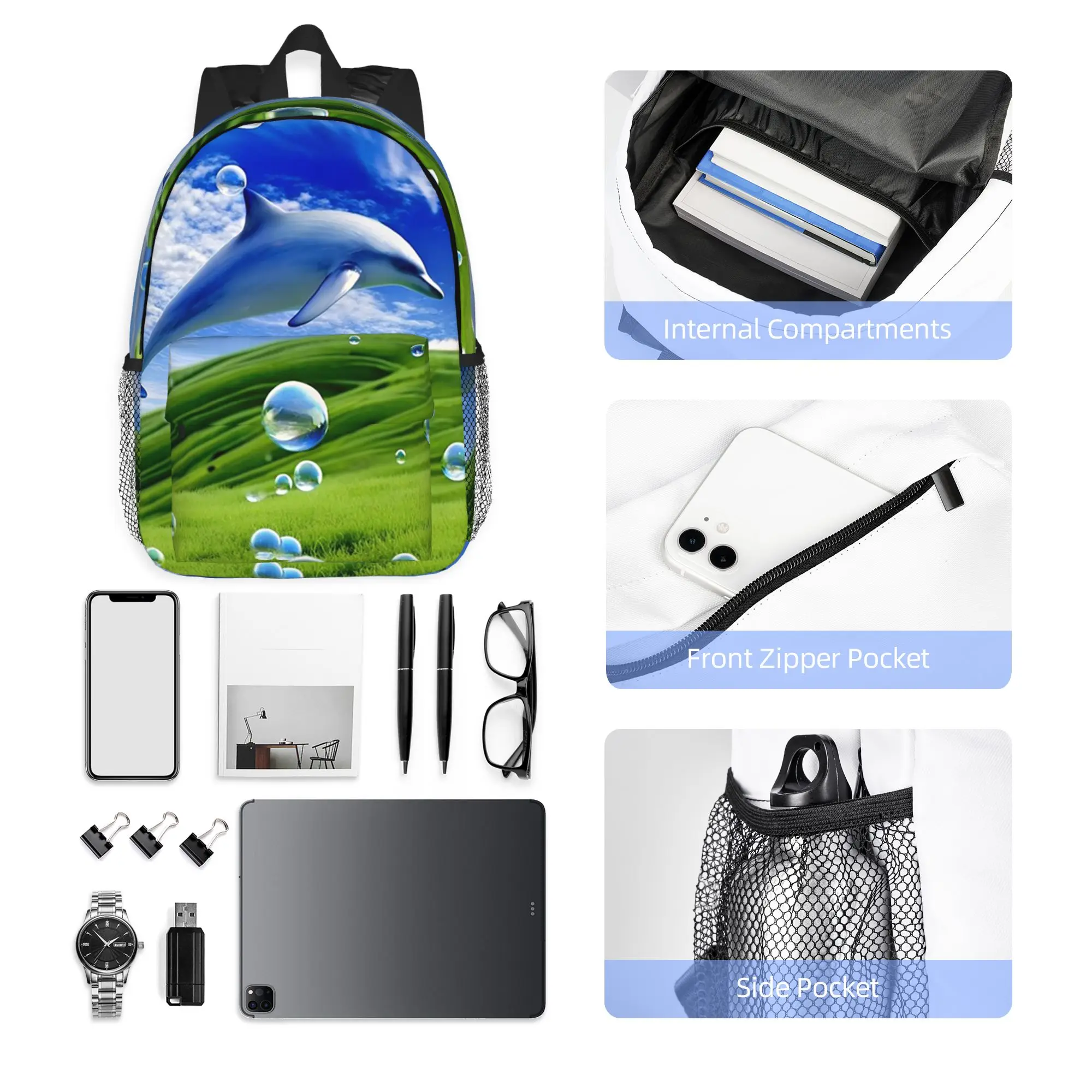 Frutiger Aero Dolphin y2k Aesthetic Meadow with Bubbles and Mountains and Sky Backpack Daypack BookBag Shoulder Bags fSchool Bag
