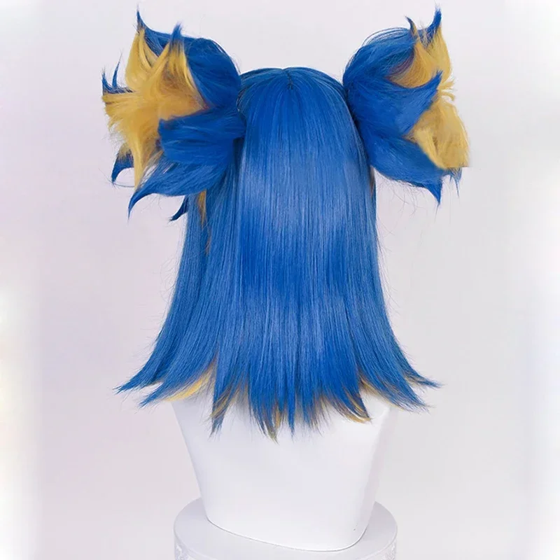 لعبة Valorant النيون شعر مستعار تأثيري قصير الأزرق مزيج الأشقر مع 2 كليب ذيل حصان مقاومة للحرارة الشعر الاصطناعية دور اللعب الباروكات قبعة MN3