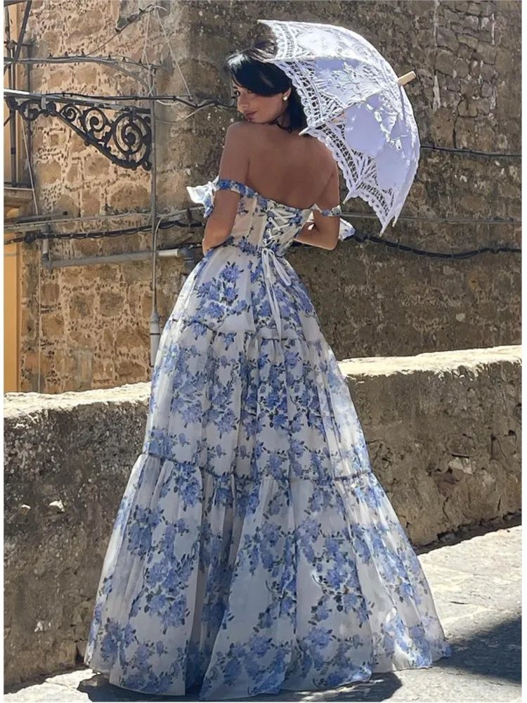 فستان أنيق للحفلات بدون أكمام كبير الحجم جديد لربيع وصيف بدون أكتاف للنساء، فستان سهرة طويل من الأورجانزا مطبوع على الموضة #6