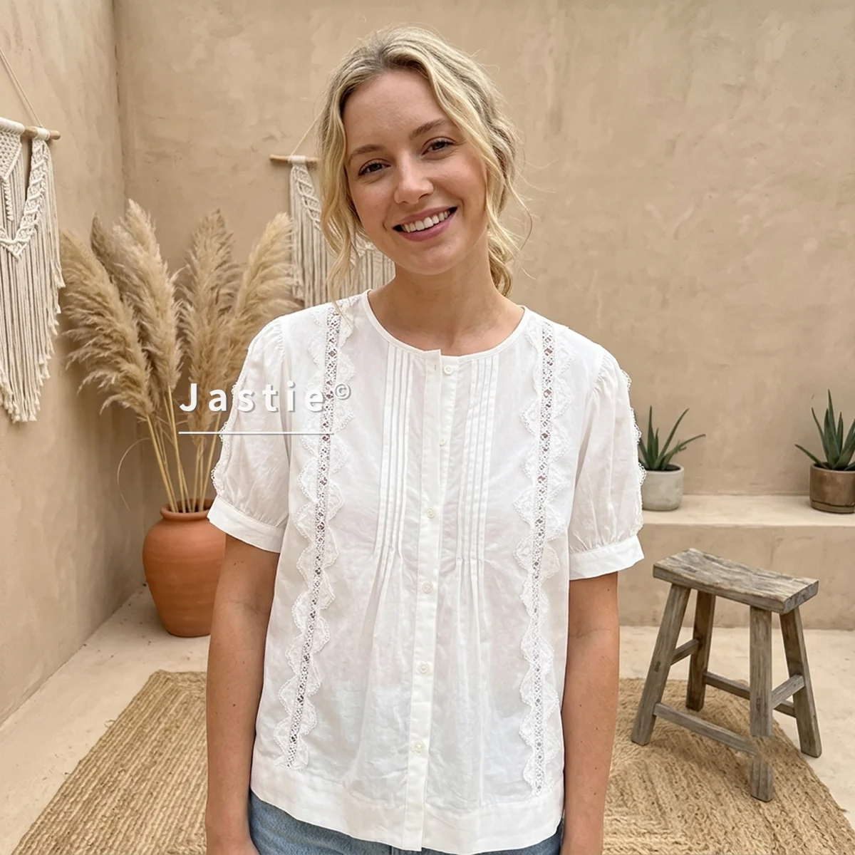 

Elegant White Lace Crochet Blouse Women Summer O Neck Puff Sleeve Pleated Button Up Cotton Blusas Loose Casual Top Shirt 2026