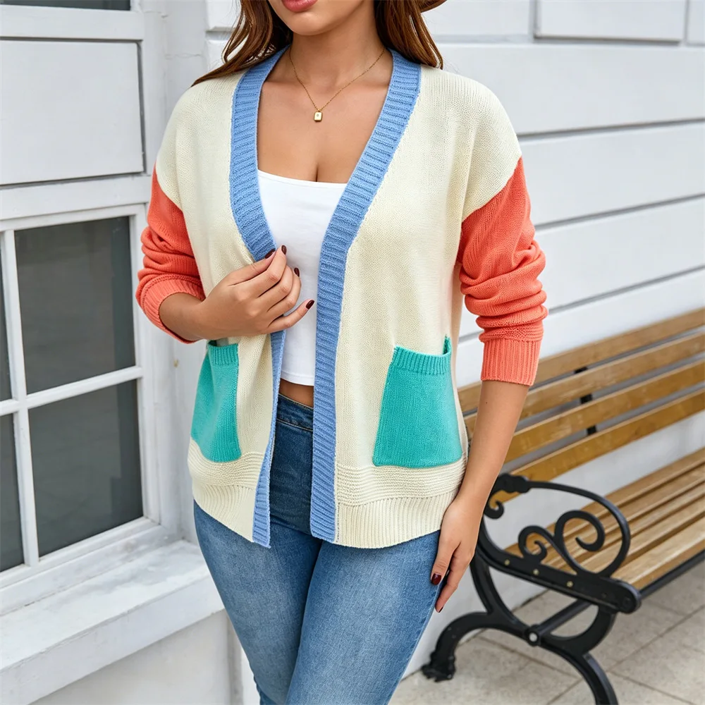 MsChuh Women's Sweaters And Pullovers V Neck Open Cardigan Color Block Knit Pocket Detail Long Sleeve Ropa Mujer Fashion Clothes