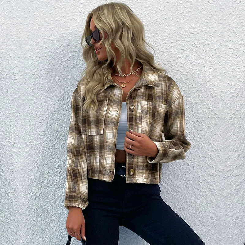 

Женский шерстяной кардиган с лацканами в стиле ретро, короткая клетчатая куртка, осень-зима, модный европейско-американский стиль для женщин