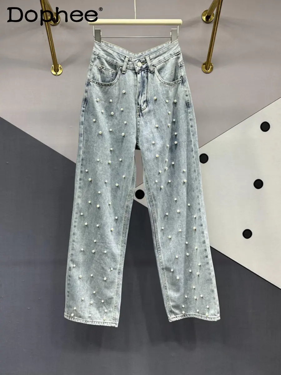 

2023 Spring Summer New Thin Draping Mop Denim Wide-Leg Pants Women's High Waist Slimming Beaded Baggy Jeans Female Long Trousers