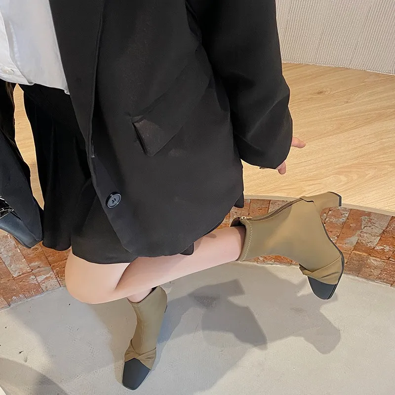 New Style Fashion Women's Autumn Chunky Single Boots Pointed Suede Splicing Anti-slip Wear-resistant Ankle Boots Zapatos Mujer