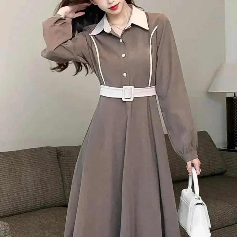 

Corduroy Fleece Thick Shirt Dress Women's Color Block Polo Neck Button Waist Slim Sashes Light Luxury Design Long Sleeve Dresses