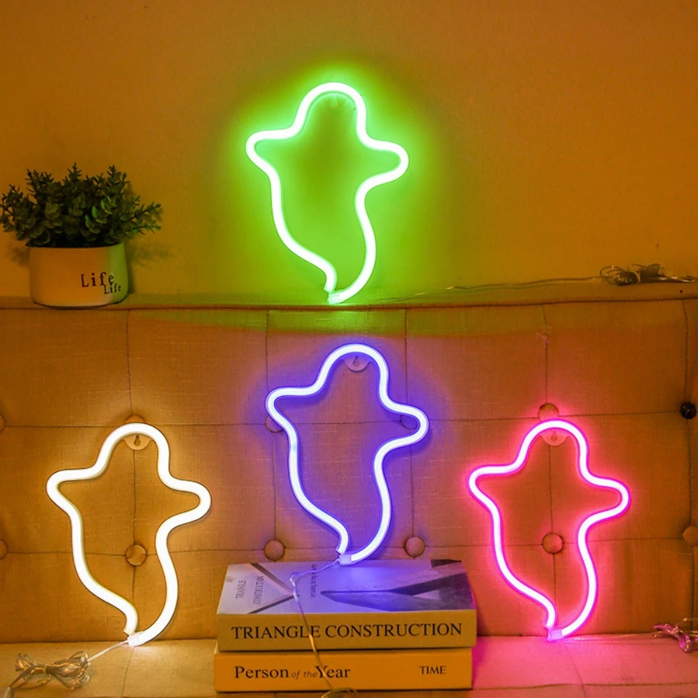 Halloween Neon Light Decoration Ghost Shaped Luminous Ornament USB Battery Dual-purpose DIY Party Holiday Decor for Home Room