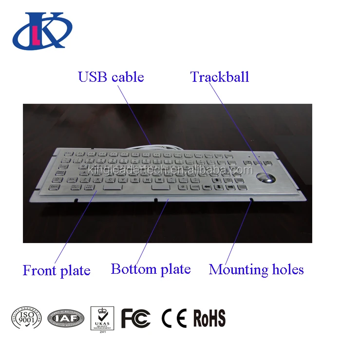 Waterproof Stainless Steel Metallic Industrial Keyboard With Optical Trackball